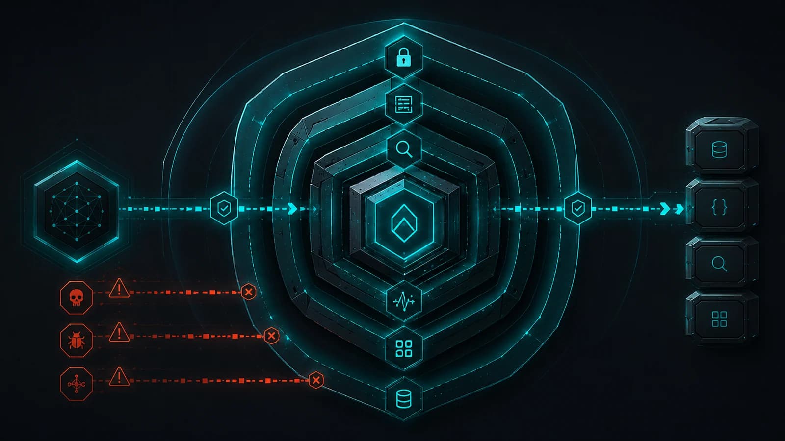 Five-layer MCP defense model covering transport isolation, deterministic enforcement, semantic scoring, behavioral monitoring, and evidence sealing.