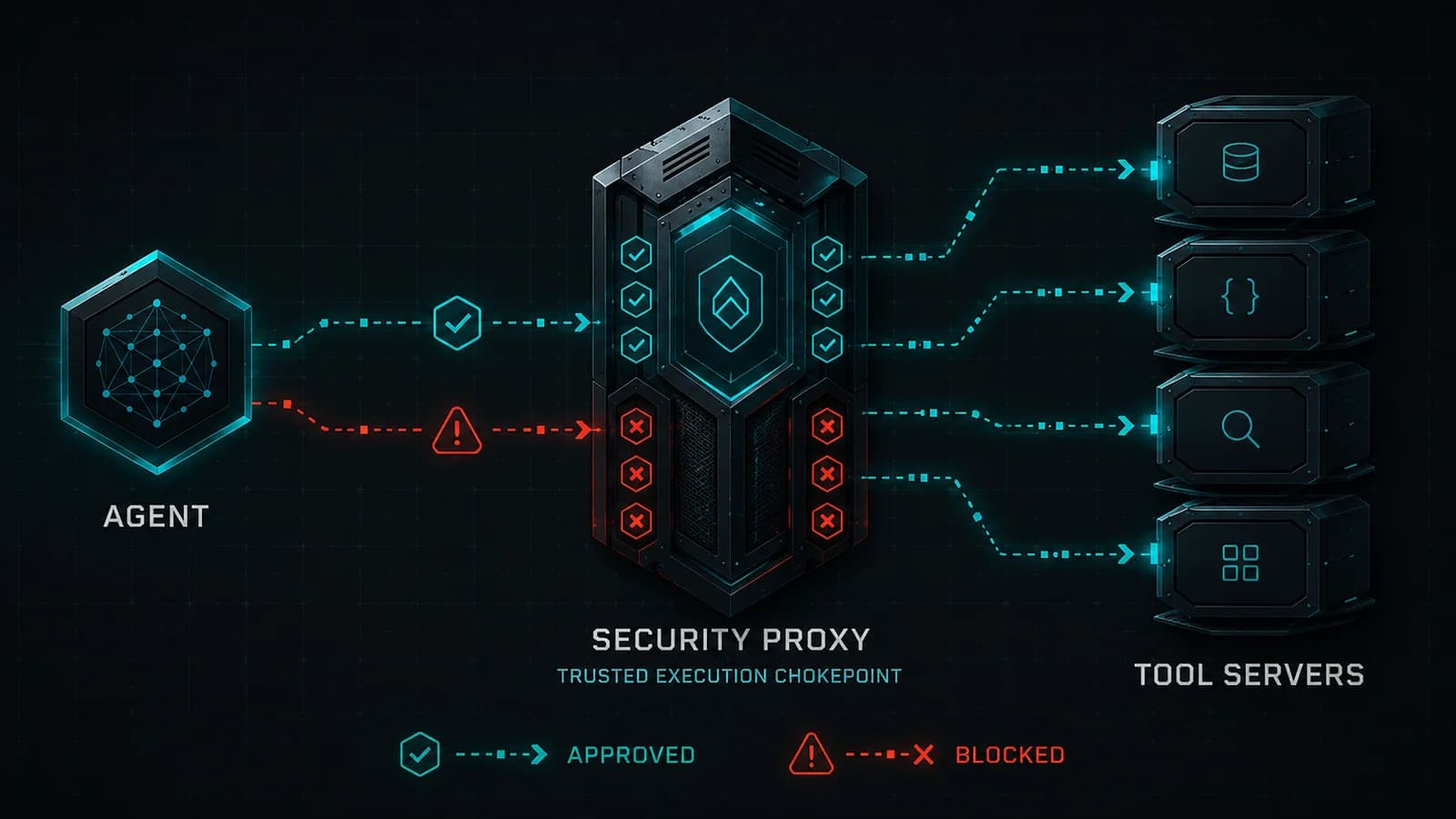 Diagram showing an AI agent, an MCP security proxy, and downstream tool servers with blocked unsafe tool calls.