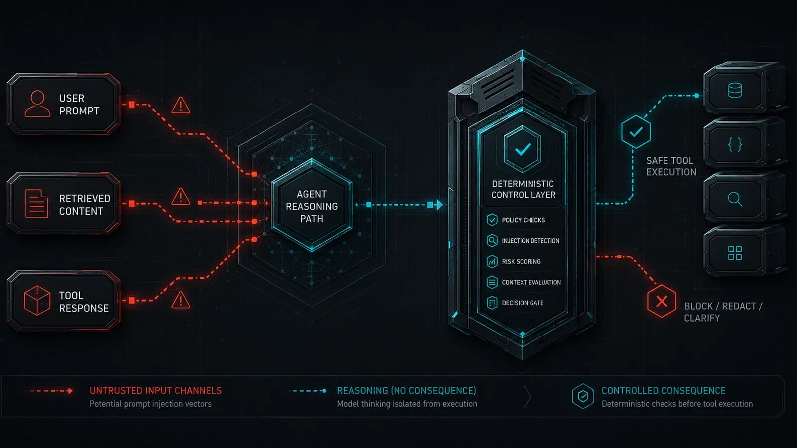 MCP prompt injection paths through user input, retrieved content, and tool responses before AI agent tool-call execution.